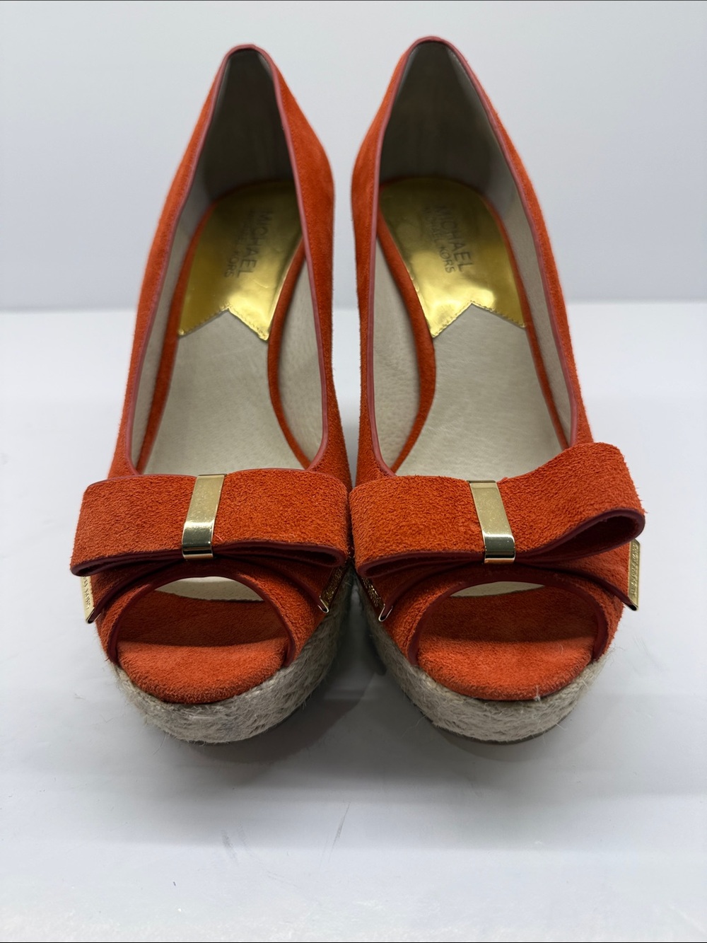 Michael Kors Orange Suede Peep-Toe Wedge Sandals with Bow